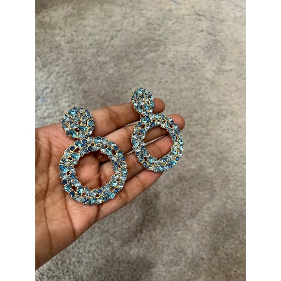 blue rhinestone earrings big statement long big aqua aquamarine large crystal - Picture 6 of 7